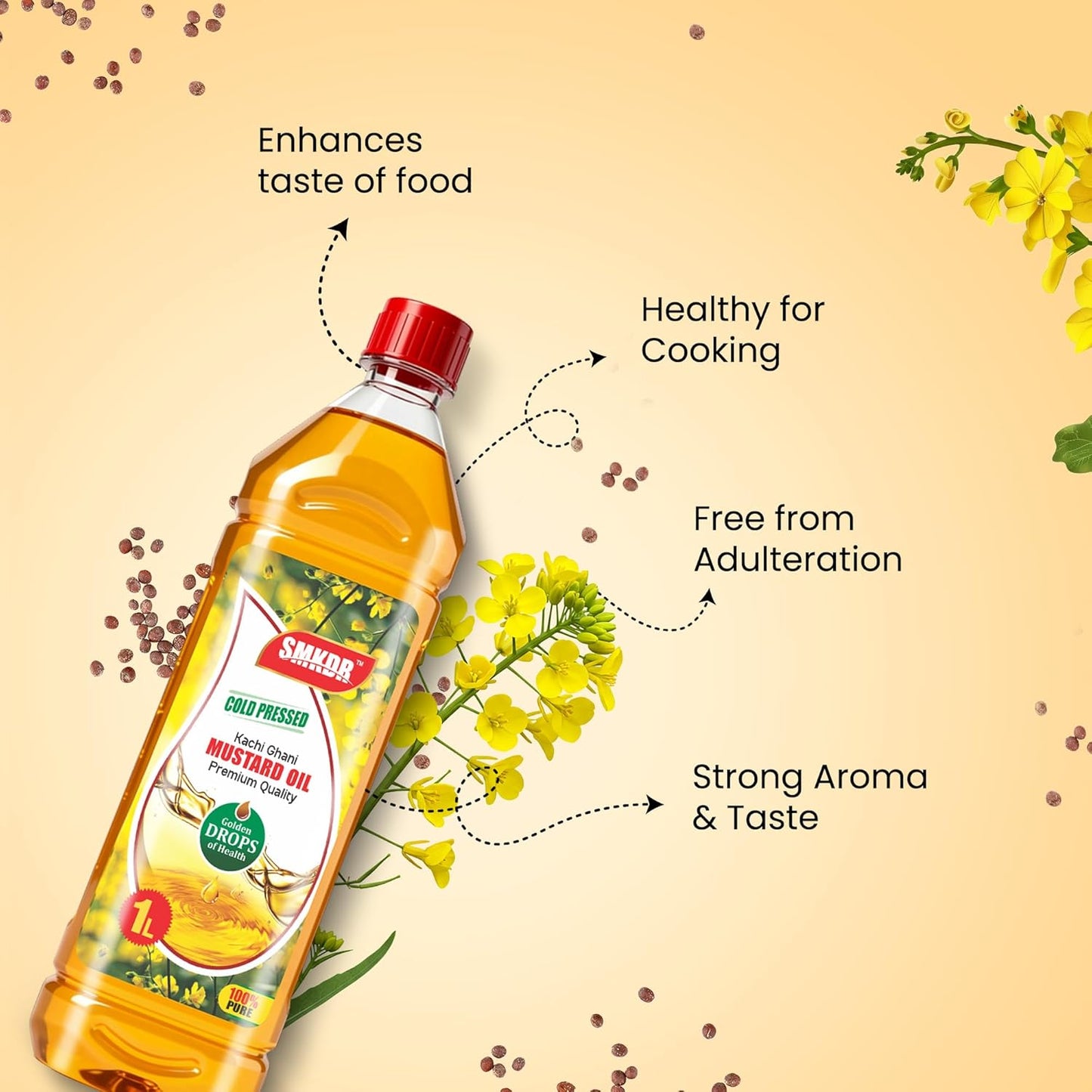 SMKDR Kachi Dhani Mustard Oil Cold Pressed 1 Ltr - Helps Manage Cholesterol, Goodness of Omega 3 with Authentic Seed Flavour