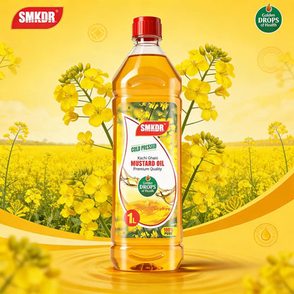 SMKDR Kachi Dhani Mustard Oil Cold Pressed 1 Ltr - Helps Manage Cholesterol, Goodness of Omega 3 with Authentic Seed Flavour